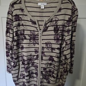 CJ Banks Purple and Taupe Floral Striped Cardigan